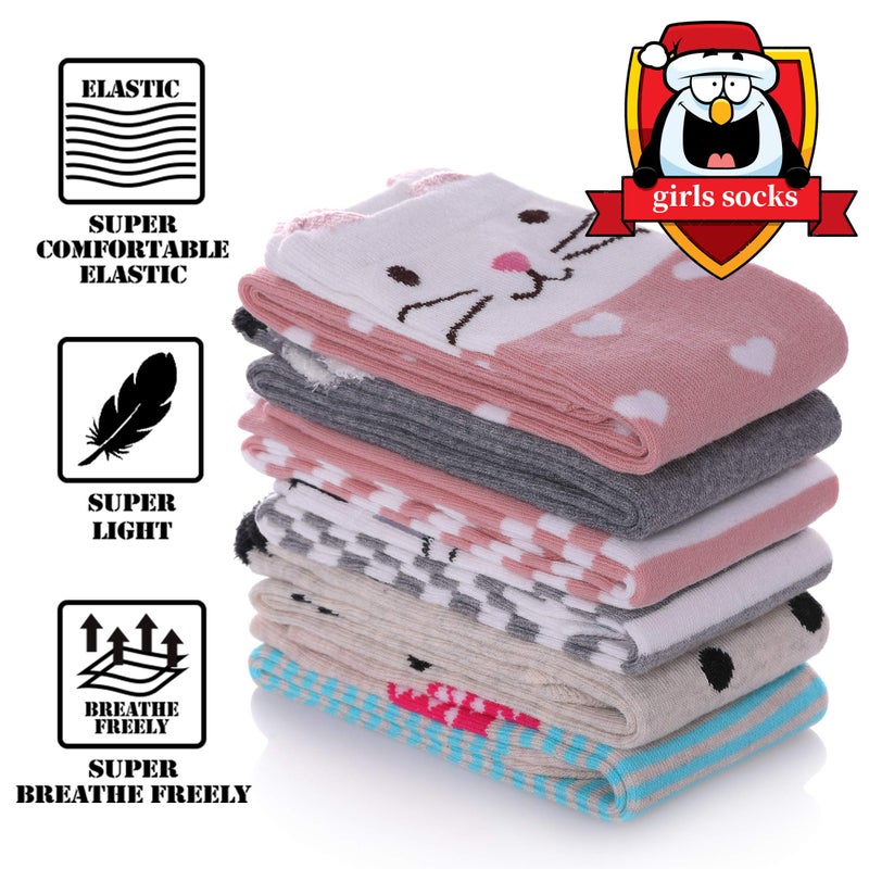 FNOVCO Girls Knee High Socks Kids Crazy Fun Gift Cute Animal Patterns Cotton Long Socks 6 Pairs (3 Pairs Animal) - Image 3